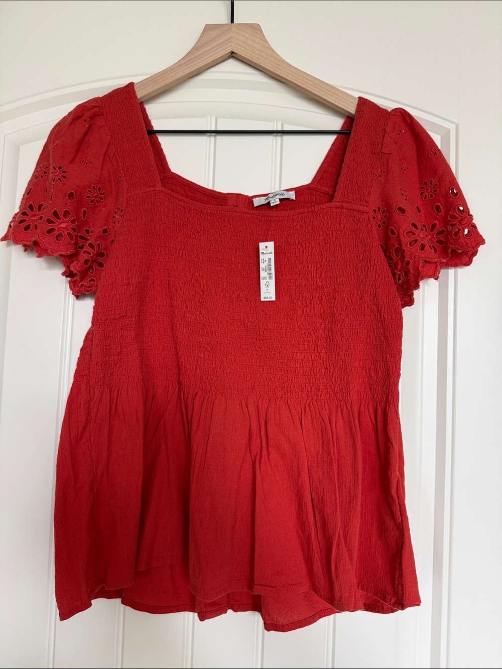 Madewell Red Square-Neck Puff Sleeve eyelet Peplum Blouse